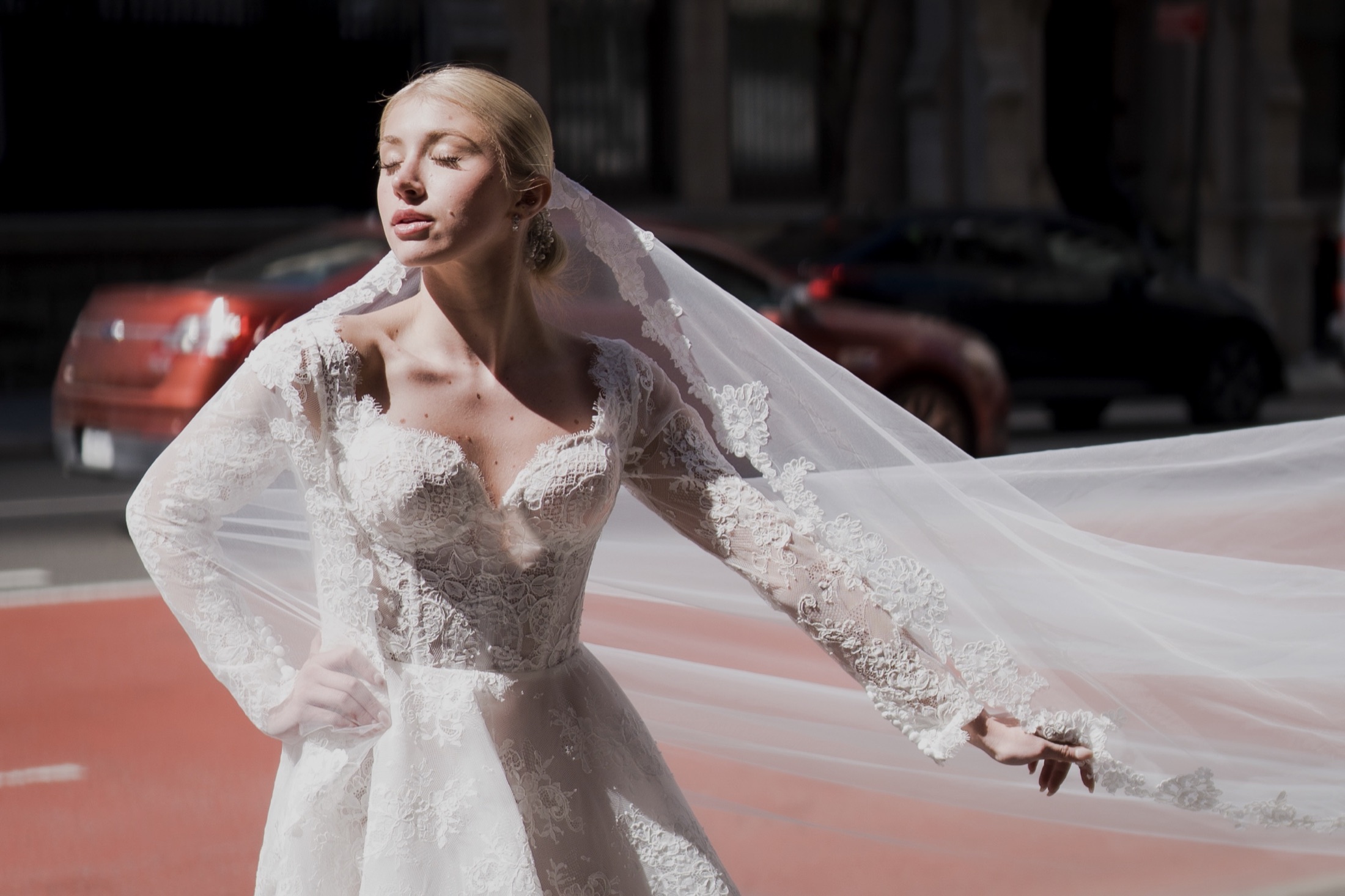 Bride and veil at night