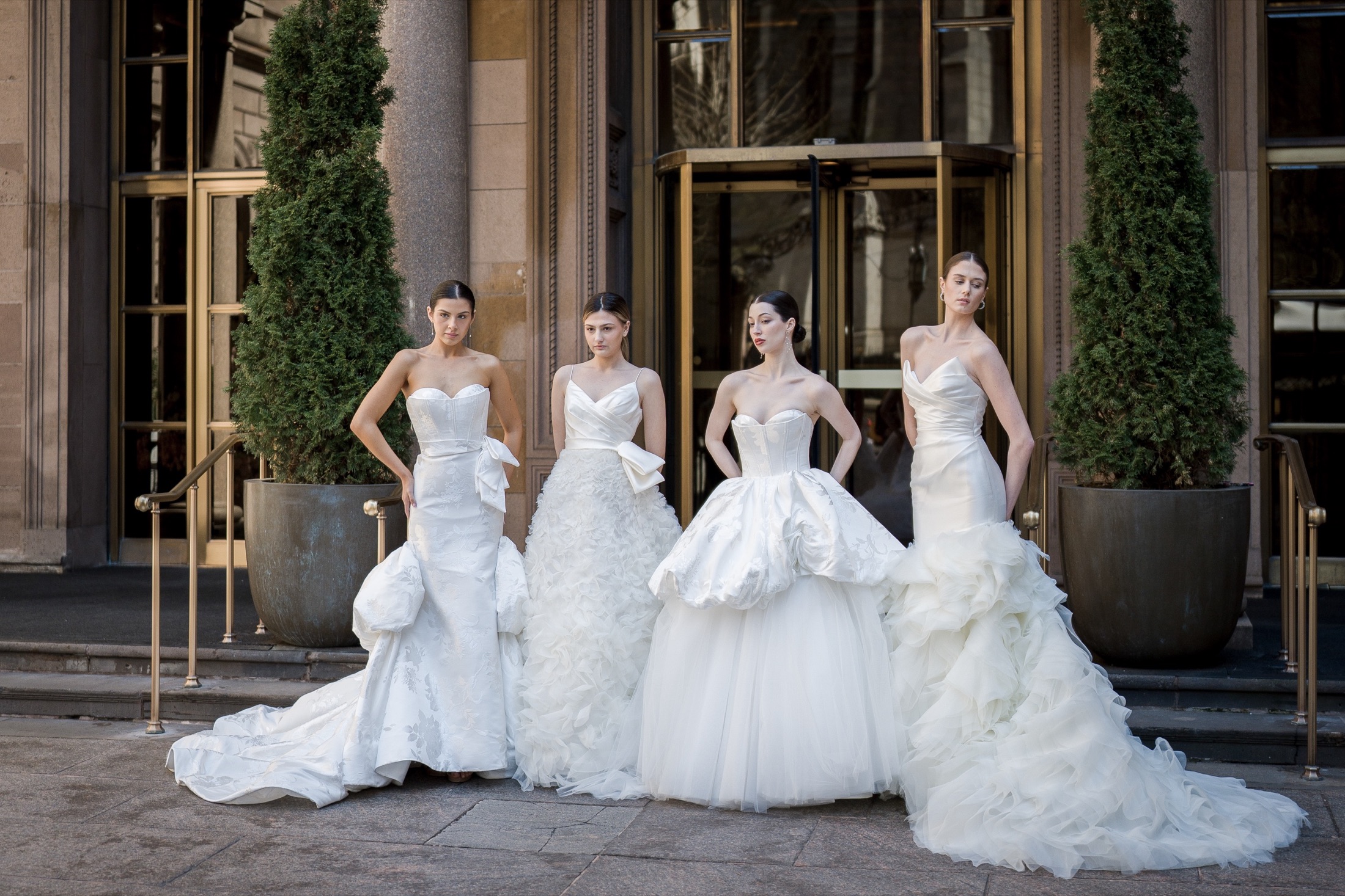 Bridal fashion editorial with four ivory gowns